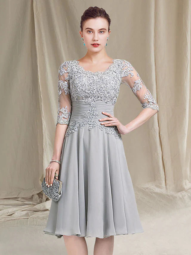 Wholesale A-Line Mother of the Bride Dress Elegant Square Neck Knee Length Chiffon Lace Half Sleeve with Ruched Appliques